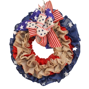 Patriotic 4th of July burlap wreath with red white and blue bow for home door decor