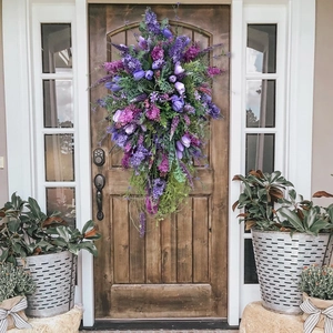 Purple Tulip Lavender Artificial Flower Wreath For Front Door Wall Hanging Decoration Home Spring Summer Pastoral Style Swag
