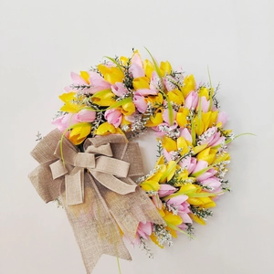 Artificial pink and yellow tulip wreath with burlap bow for home wall and door decoration