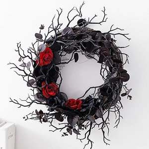Gothic Halloween Wreath Black Dried Branches Red Roses Artificial Wreath For Front Door Wall Hanging Party Home Decoration