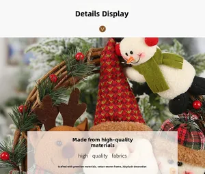 Close-up of Christmas wreath detail with plush Santa, Snowman and Reindeer figurines