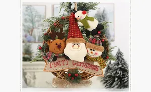 Detail of Christmas wreath with plush Santa, Reindeer and Snowman on rattan ring