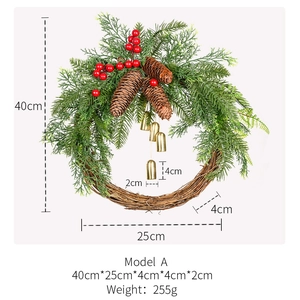 Detailed view of Christmas wreath with pine cones, red berries, and golden bells