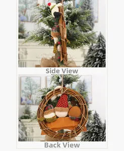 Side and back view of Christmas rattan wreath featuring plush Santa and reindeer decor