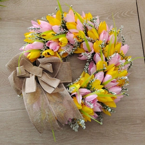 Artificial Tulip Wreath With Burlap Bow For Mother's Day Pink Yellow Flower Wreath Wall Door Decoration Home Decor Handmade