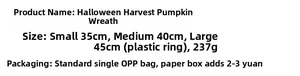 Detailed size chart for pumpkin wreaths in 35cm, 40cm, and 45cm with weight specifications