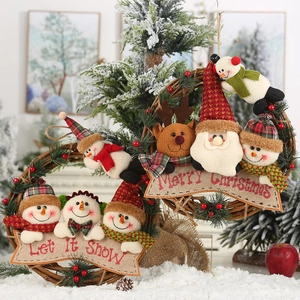 Christmas wreath ornaments featuring Santa Snowman and Reindeer on rattan branch rings