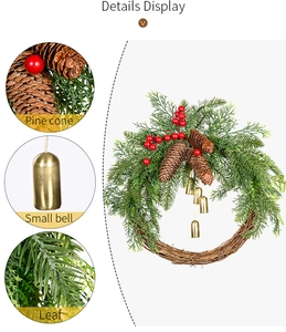Detail display of Christmas wreath featuring pine cones, small bells, and green pine needles