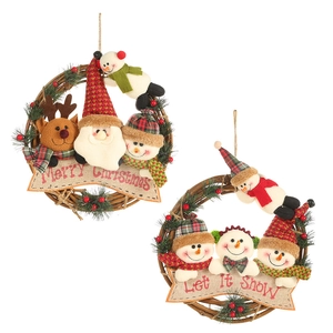 Christmas Wreath Hanging Decoration With Santa Claus Reindeer Snowman Plush Dolls Rattan Circle Ornament For Holiday Home Party Window Tree Decor