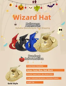 Tableau détaillé des pinces à cheveux chapeau de sorcier de 7,5cm en or, bleu et rouge