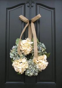 Detail of 30cm Easter hydrangea wreath with cream and blue silk flowers and burlap bow