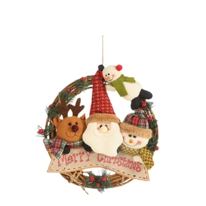 Christmas wreath with reindeer Santa and snowman plush figures and Merry Christmas banner