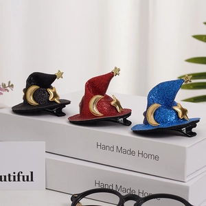 Barrettes chapeau de sorcière Halloween de 7,5 cm avec étoiles et lune à paillettes