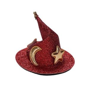 Pince à cheveux chapeau de sorcière à paillettes rouges avec lune et étoile dorées