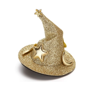 Détail de la pince à cheveux chapeau de sorcier doré 7,5cm avec étoiles et lune