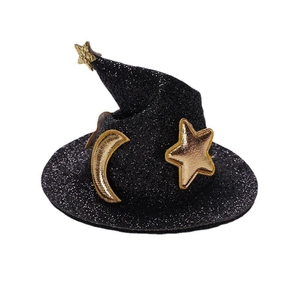 Détail de la pince à cheveux chapeau de sorcière 7,5cm avec étoiles et lune dorées