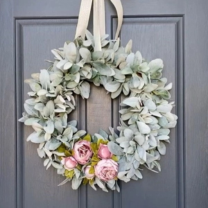 30cm Easter wreath with artificial sage leaves and pink peonies on a dark wooden door