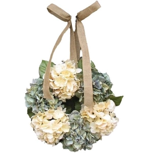 30cm Easter welcome door wreath with blue and cream faux hydrangea and burlap ribbon