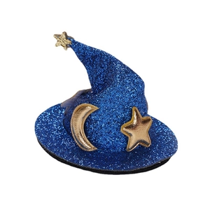 Pince à cheveux chapeau de sorcier bleu pailleté de 7,5 cm avec étoiles et lune dorées