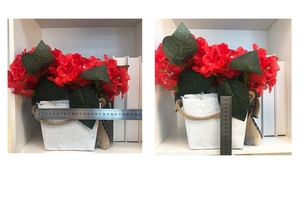 Detail showing artificial red geranium in vintage metal pot with scale measurement