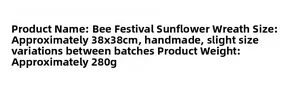 Detailed size chart for handmade sunflower bee wreath home decor measuring 38x38cm