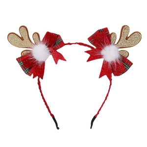 Serre-tête de Noël avec bois de renne dorés scintillants, nœuds rouges et pompons