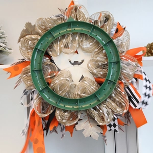 Ghirlanda zucca Halloween 45cm con fiocco festivo e foglie d'acero per porta decor