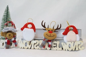 Detailed plush Christmas tree ornaments featuring Santa Claus and Reindeer with gold strings