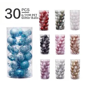 Detailed view of 30pcs 6/7cm PET clear Christmas balls filled with colorful glitter