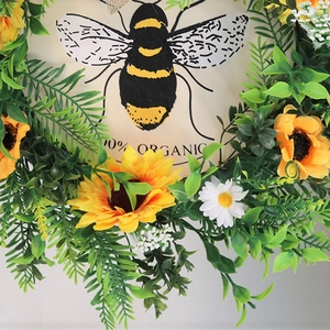 40cm artificial sunflower wreath with bumblebee wooden plaque for home door decoration