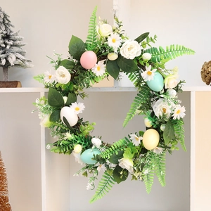 Artificial Easter Egg Wreath With White Rose Daisy Green Leaves Colorful Eggs Floral Door Wreath For Home Festive Decoration