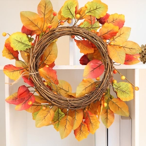 Autumn harvest 40cm faux maple leaf wreath with berries on natural twig base for decor