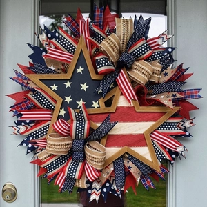 Patriotic Independence Day Wreath American Flag Star Door Decoration Red White Blue Ribbon Handcrafted Wreath For Front Door Wall Decor