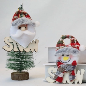 Christmas Santa and Snowman plush ornaments with wooden SNOW base and plaid hats