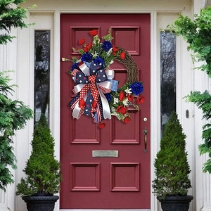 Patriotic US Independence Day Wreath Red White Blue Faux Floral Rattan Wreath With Stars Stripes Ribbon For Front Door Decor