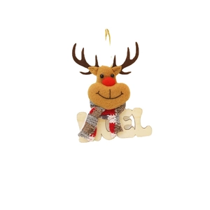 Christmas reindeer ornament with red nose, knit scarf, and NOEL wooden base for tree decor