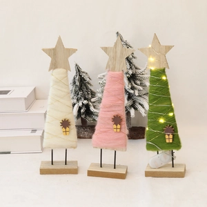 Three-piece Christmas wool felt tree desk ornaments in white, pink, and green with LED lights