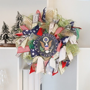 Plastic Patriotic US Army Wreath Independence Day Memorial Day American Flag Ribbon Front Door Hanging Hero Tribute Decor