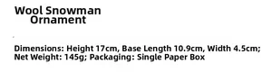Detailed specifications for curly wool snowman ornament showing dimensions and weight metrics