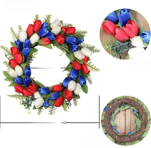 Detail view of red white and blue tulip wreath with 18 inch diameter and natural vine base