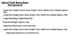Detailed size specifications for small and large wool felt reindeer holiday ornaments