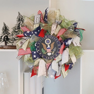 Patriotic United States Army wreath with red white blue ribbons and army emblem