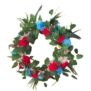 Couronne 50cm Fête de l'Indépendance avec œillets rouges, marguerites bleues et blanches