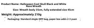Detailed size chart for the Halloween skull wreath with black and white roses