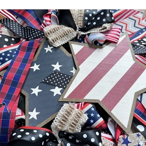 Handcrafted 45cm patriotic wreath with rustic wooden stars and red white blue ribbons