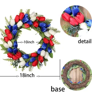 Patriotic 18-inch tulip wreath in red white and blue with natural grapevine base