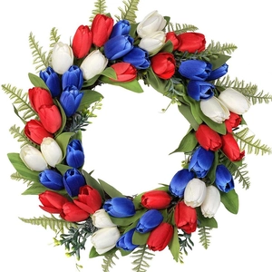 Patriotic tulip wreath with red white and blue artificial flowers for home decor