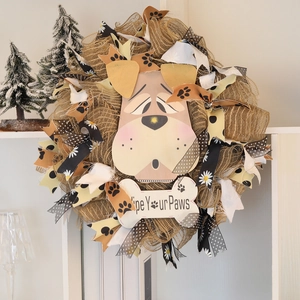 Wipe Your Paws Dog Wreath Door Hanging Decor For Home Cute Pet Puppy Plastic Sign Burlap Ribbon Garland With Paw Prints