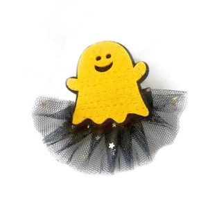 Halloween ghost hair clip with yellow felt face, black mesh skirt and gold stars sequins