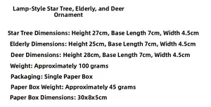 Size specifications for felt Christmas tree, Santa, and elk table ornaments and packaging